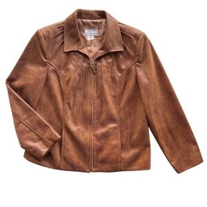 TANJAY Women 10P Brown Textured Faux Leather Snake Print Zip Front Jacket Rustic